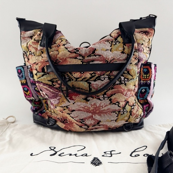 Nena & Co. Convertible Day Bag Tote Artisan Leather Huipil Woven Tapestry Boho - Picture 2 of 15